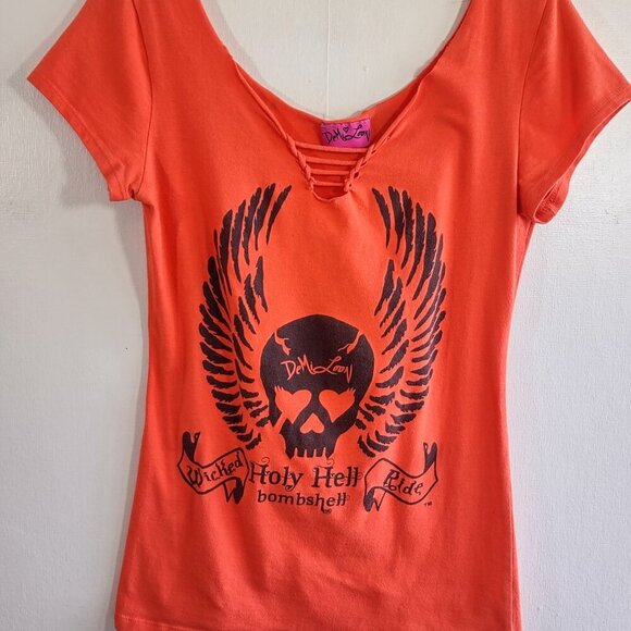 Demi Loon Tops - DeMi Loon Biker 'Holy Hell Bombshell Skull Women's T-Shirt Cut-Out Medium